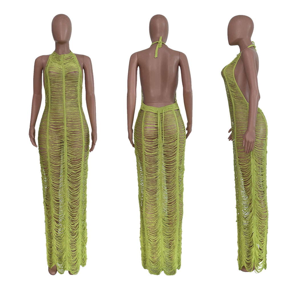 Sexy Solid Knitted Halter Hollow Out Maxi Dress