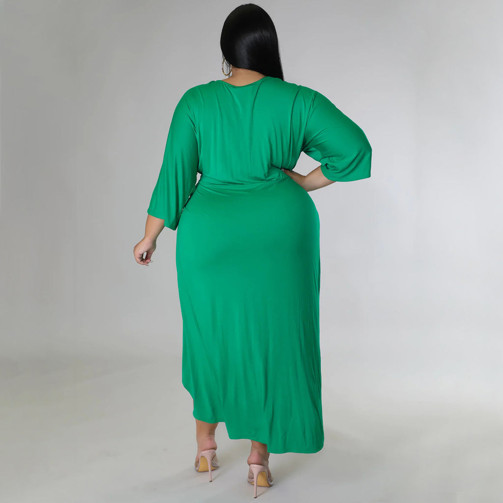 Sexy Plus Size Solid V Neck Irregular Long Dress