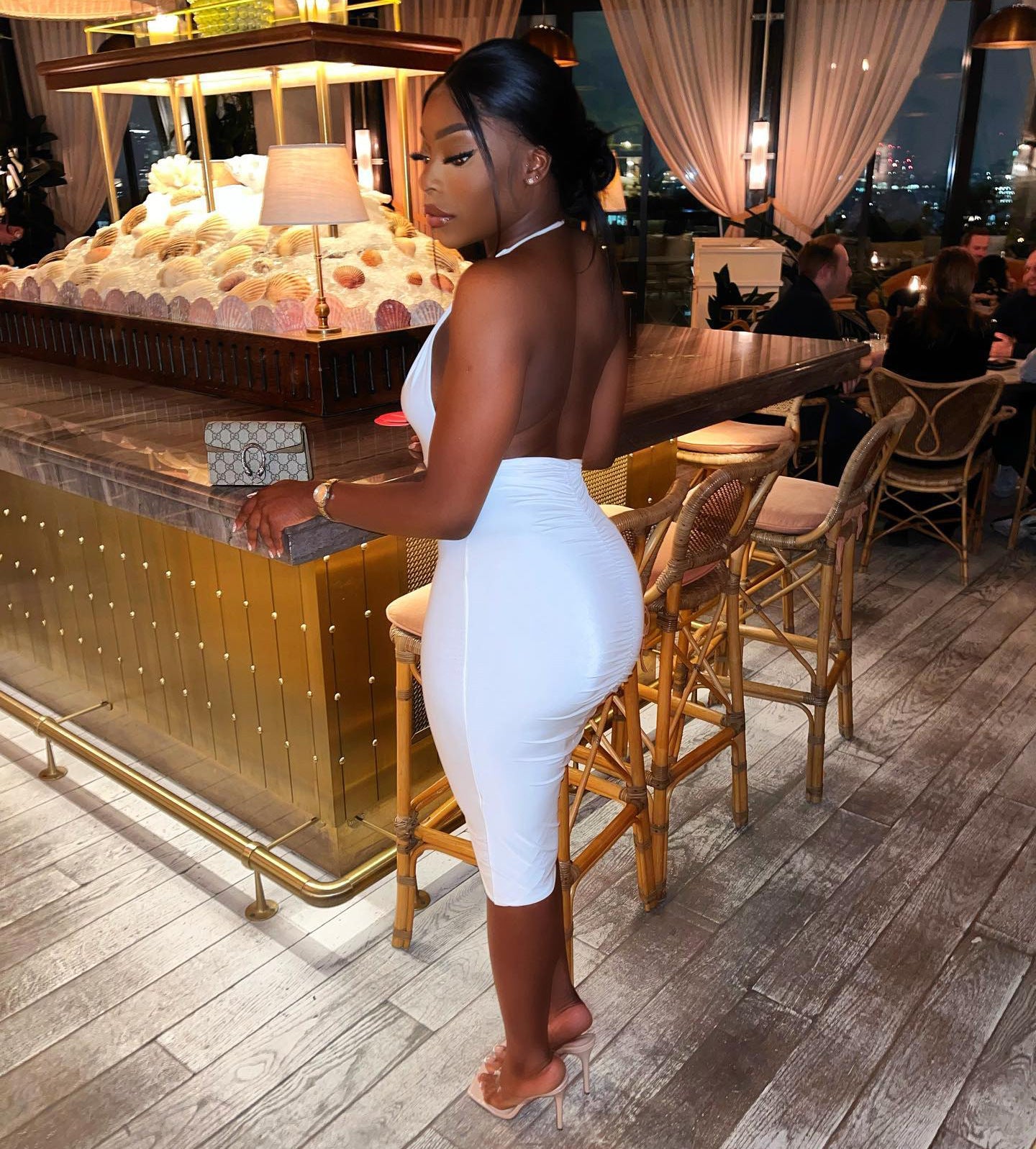 Sexy Solid V Neck Backless Ruched Midi Dress