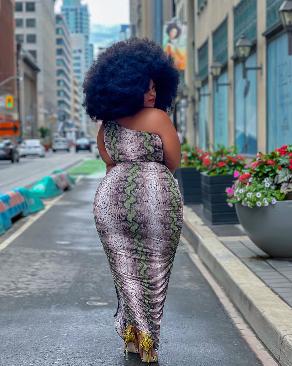 Sexy Plus Size Snake Skin Print One Shoulder Split Maxi Dress