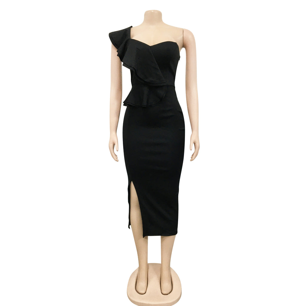 Sexy Solid One Shoulder Ruffled Split Midi Dress