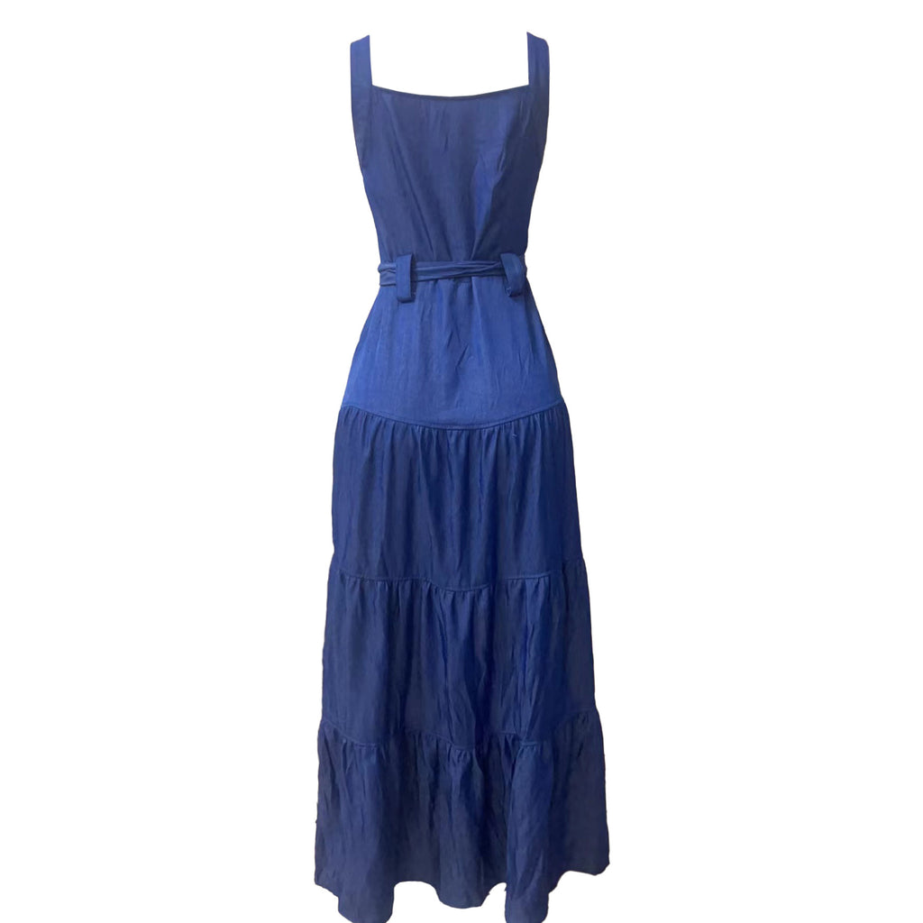 Sexy Denim Sleeveless Sling Sashes Maxi Dress