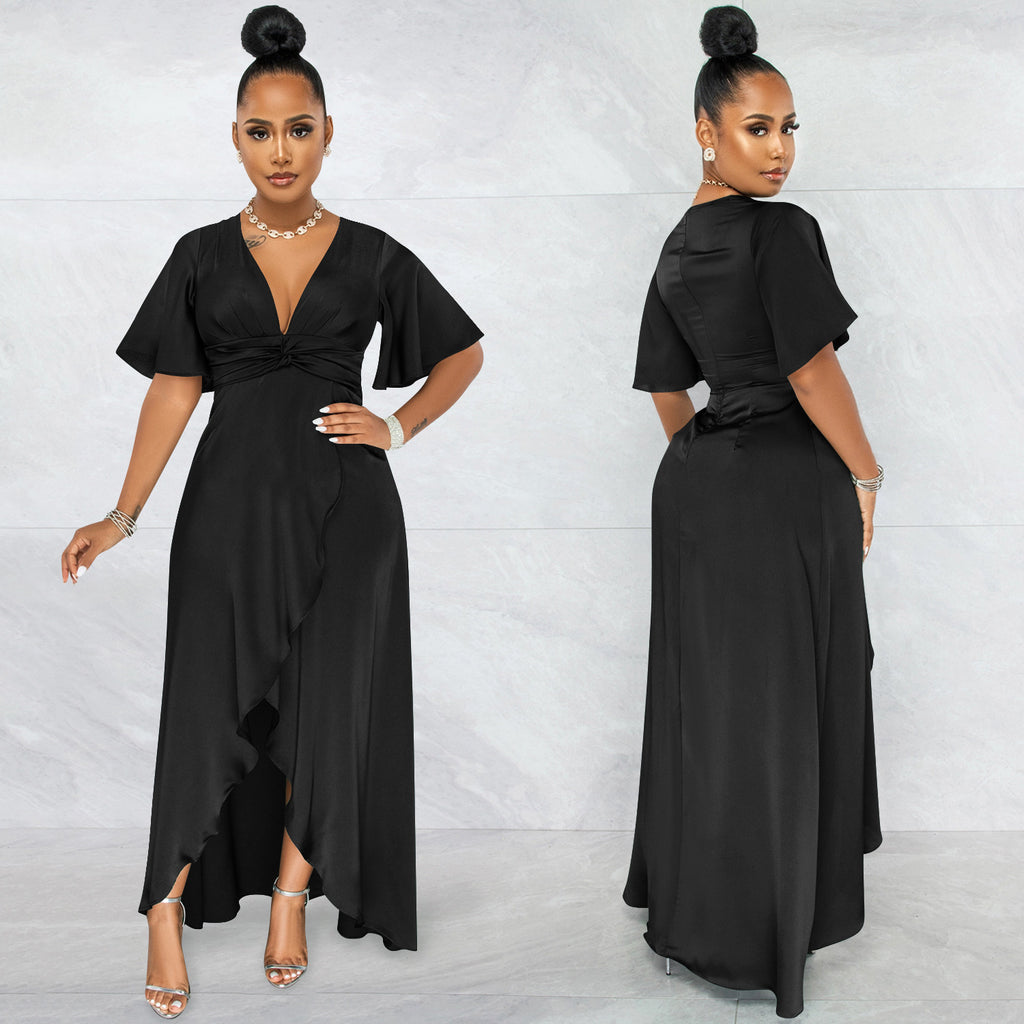Sexy Solid V Neck Short Sleeve Irregular Maxi Dress