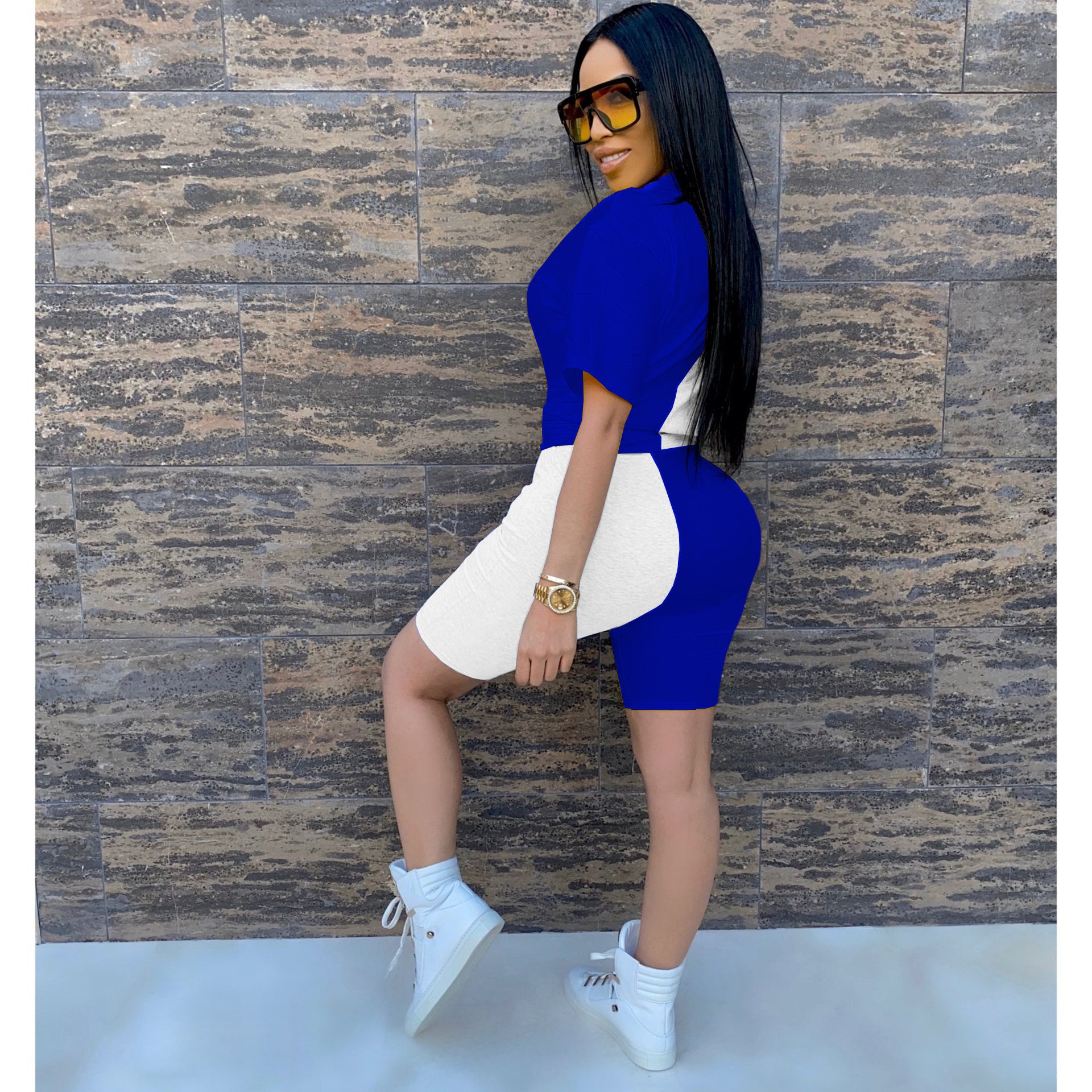 Sexy Fashion Casual Sequin Splice Short Sleeve Shorts  Two Piece Sets