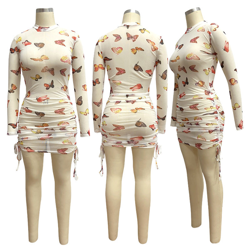 Sexy Sexy See Through Print Long Sleeve Mini Dress