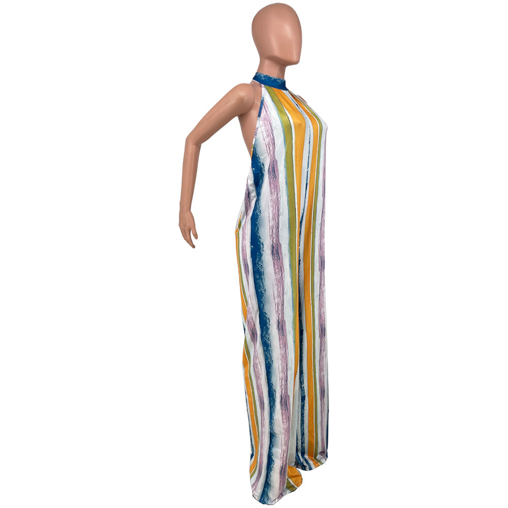Sexy Tie Dye Print Halter Backless Loose Jumpsuit
