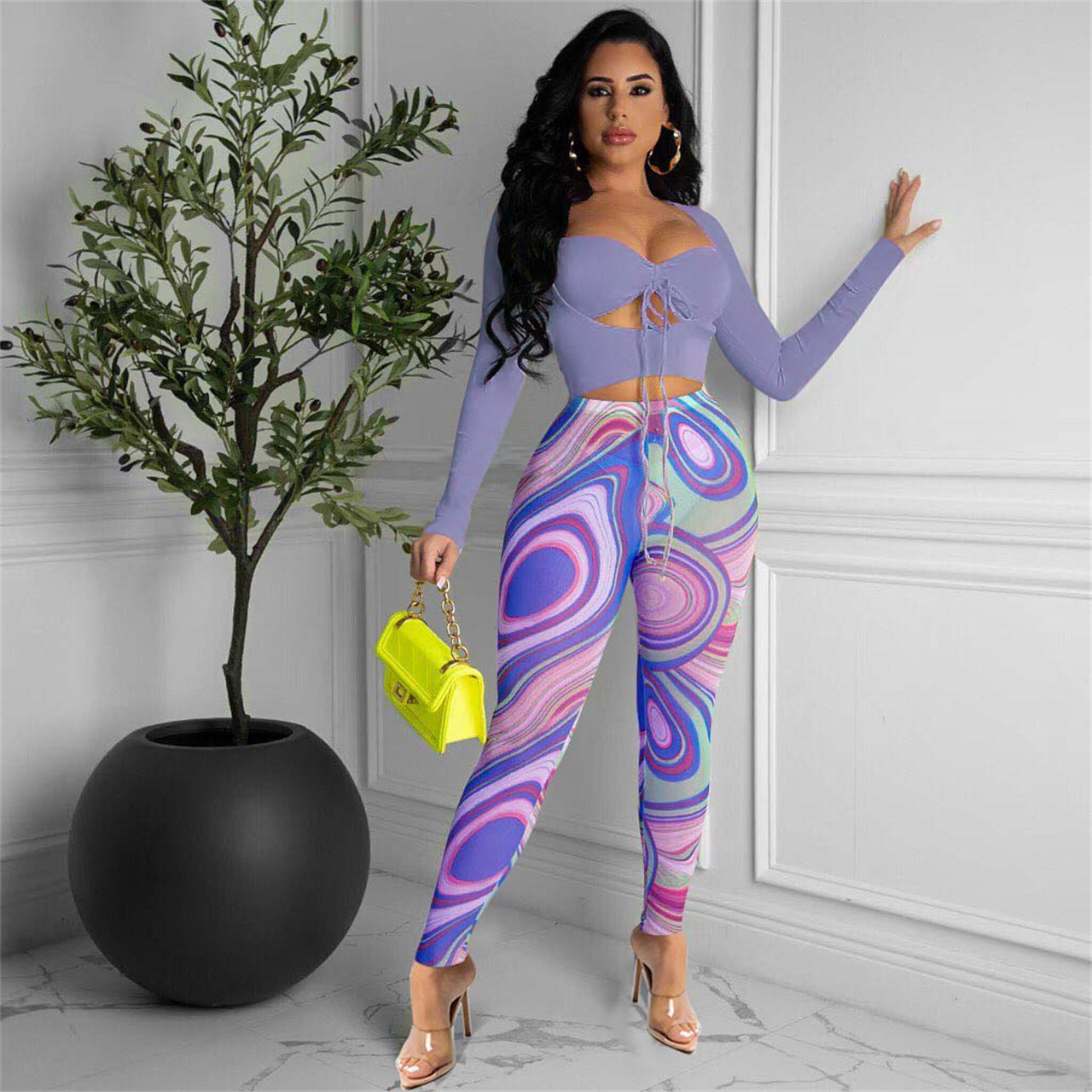 Sexy Sexy Crop Top+Mesh Printed Pants 2 Piece Sets