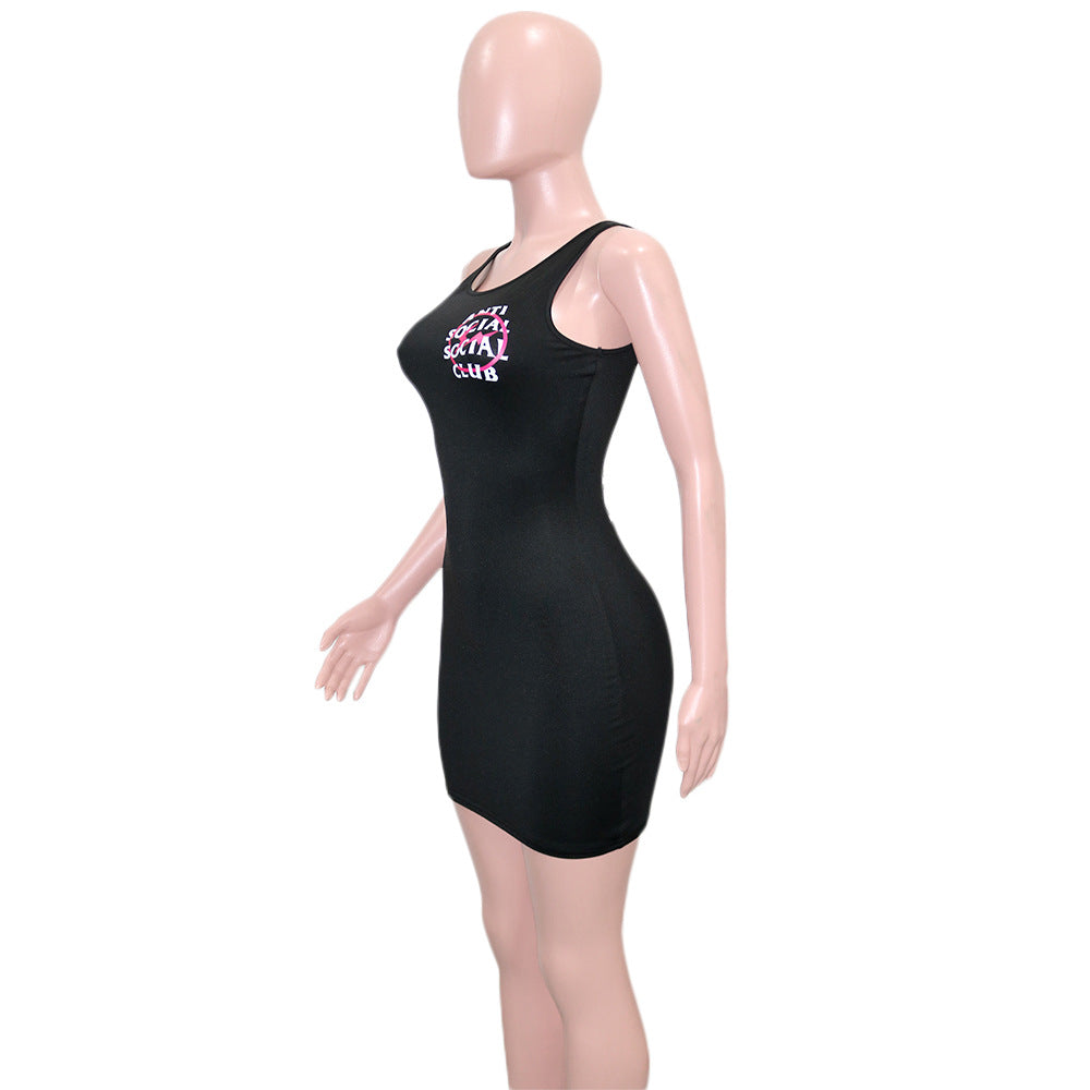 Sexy Letter Print Sleeveless Slim Mini Dress