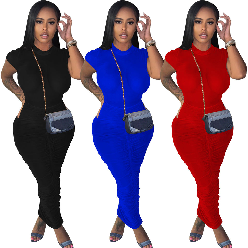 Sexy Solid Color Short Sleeve Ruched Maxi Dress