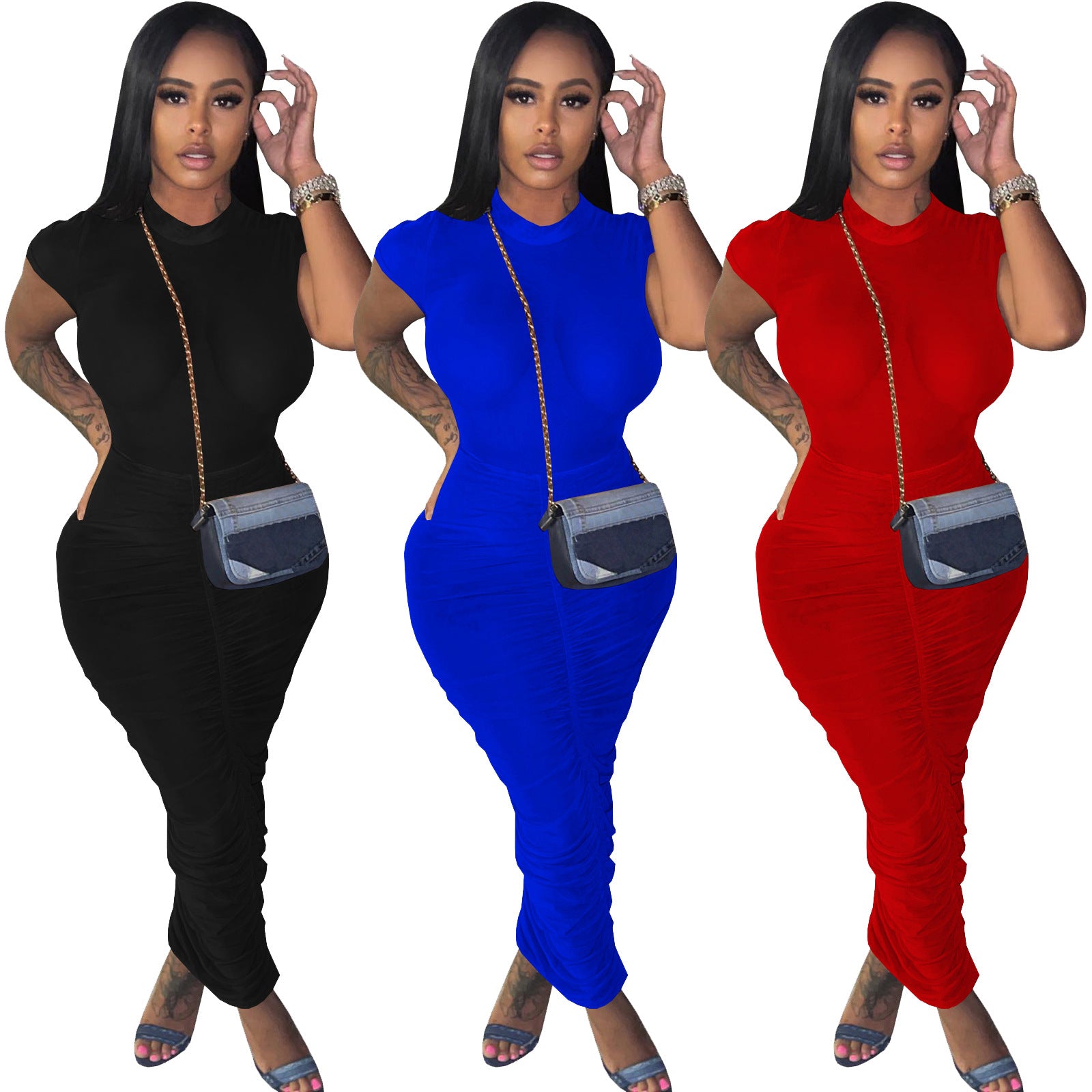 Sexy Solid Color Short Sleeve Ruched Maxi Dress