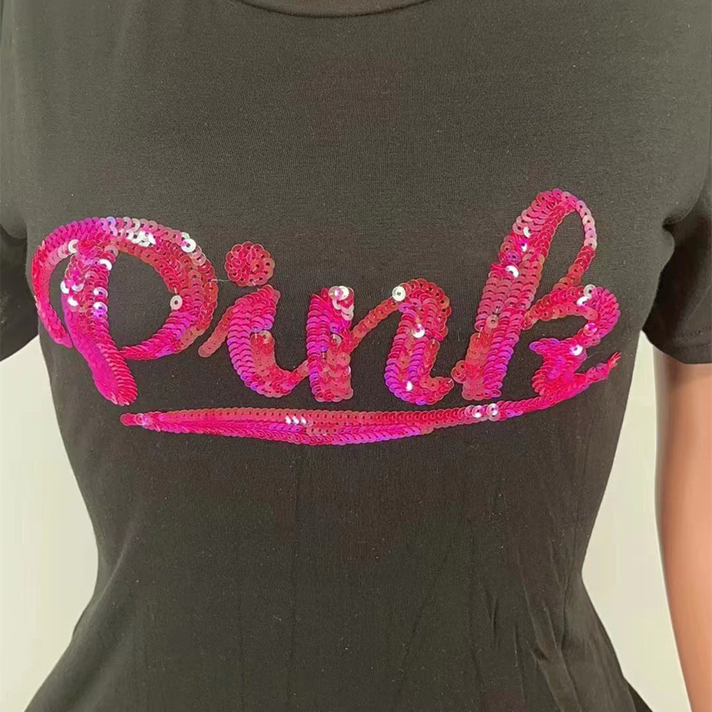 Sexy Sequin Pink Letter Print Short Sleeve Mini Dress