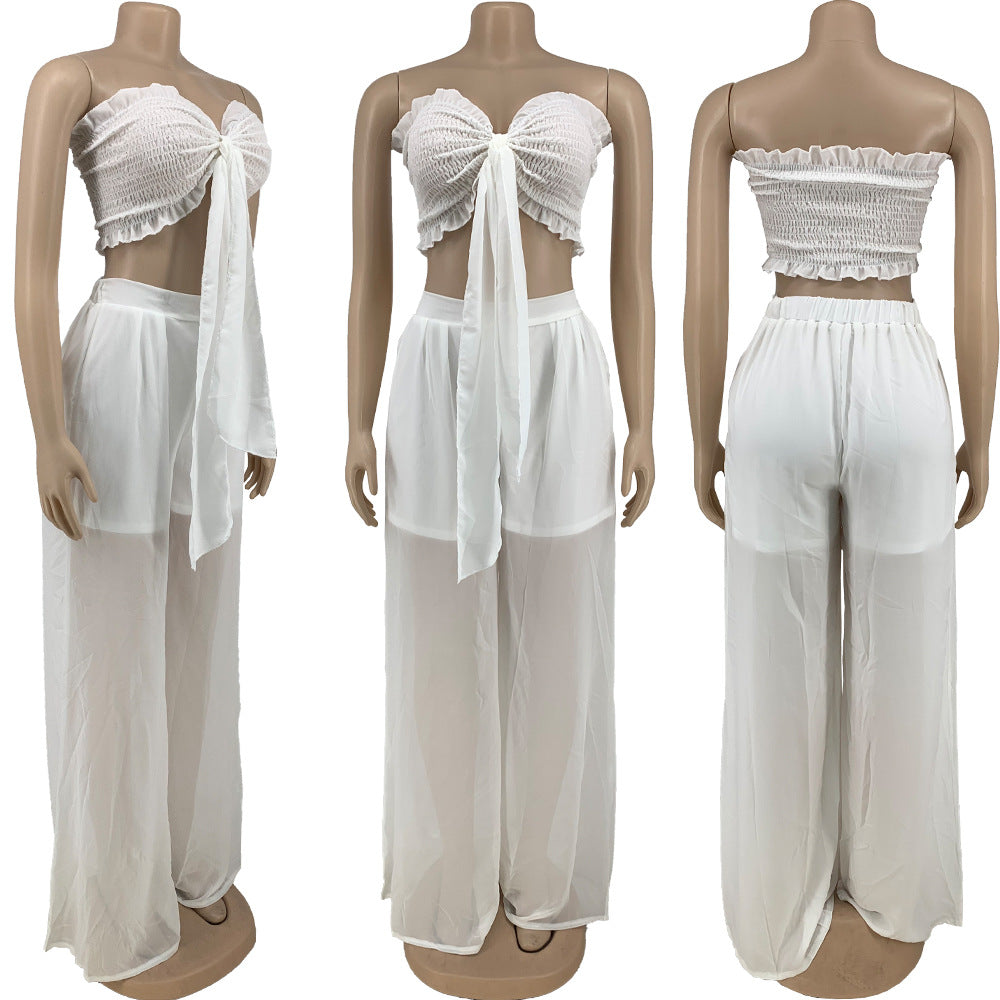 Sexy Sexy Solid Strapless Wide Leg Pants 2 Piece Sets