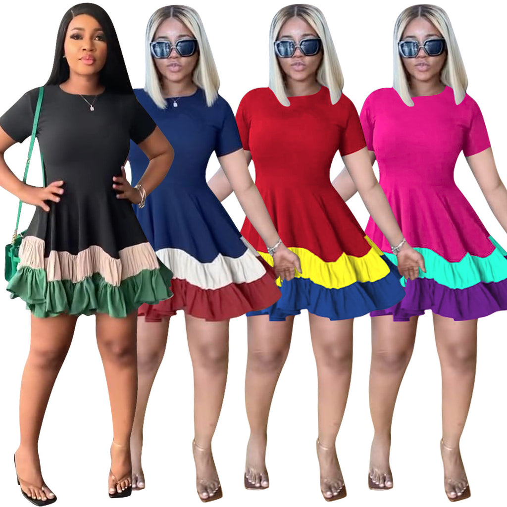 Sexy Contrast Color Patchwork Short Sleeve Big Swing Mini Dress