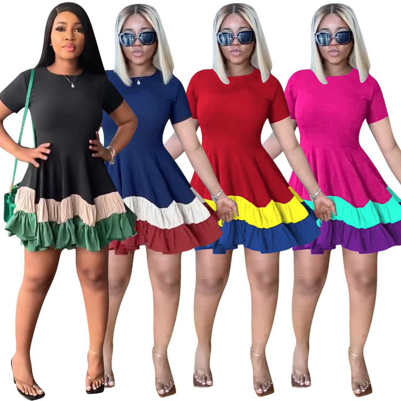 Sexy Contrast Color Patchwork Short Sleeve Big Swing Mini Dress