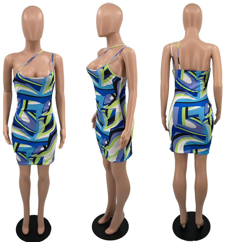 Sexy Unilateral Sling Print Mini Dress