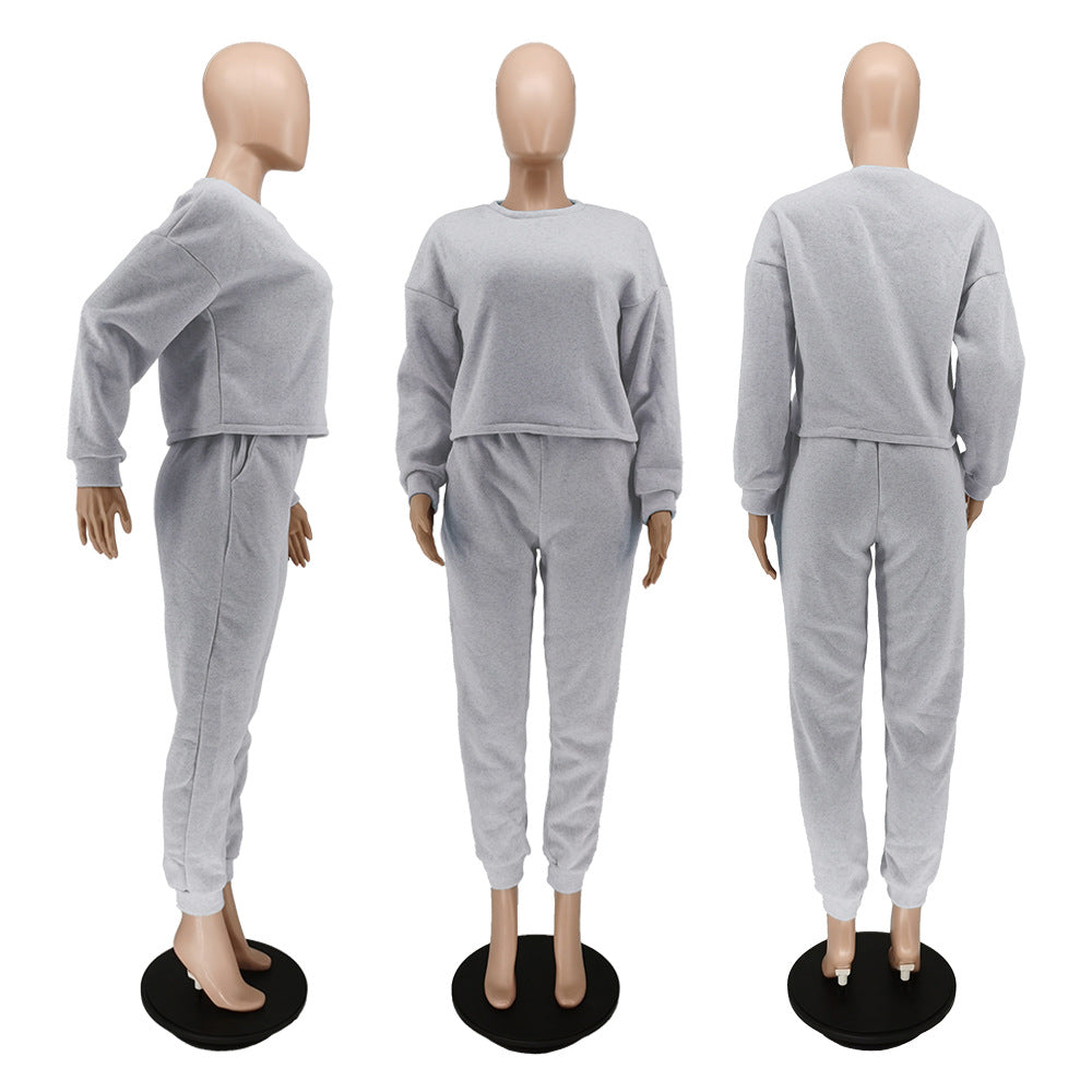 Sexy Solid Color Plush Sweatshirt Pant Two Piece Set