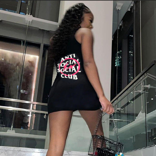 Sexy Letter Print Sleeveless Slim Mini Dress