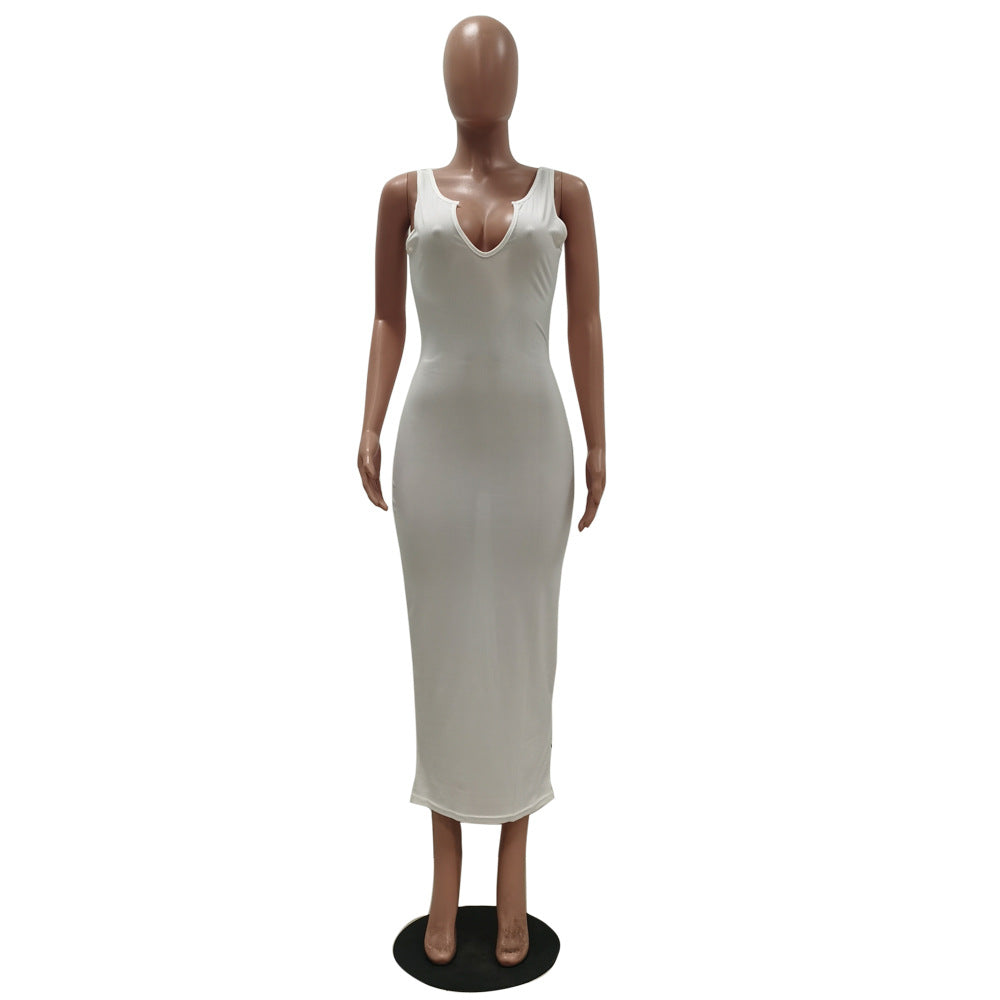 Sexy Solid Color Casual Slim Sleeveless Vest Long Dress