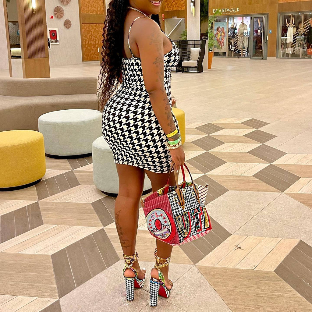 Sexy Plus Size Houndstooth Print Spaghetti Strap Mini Dress