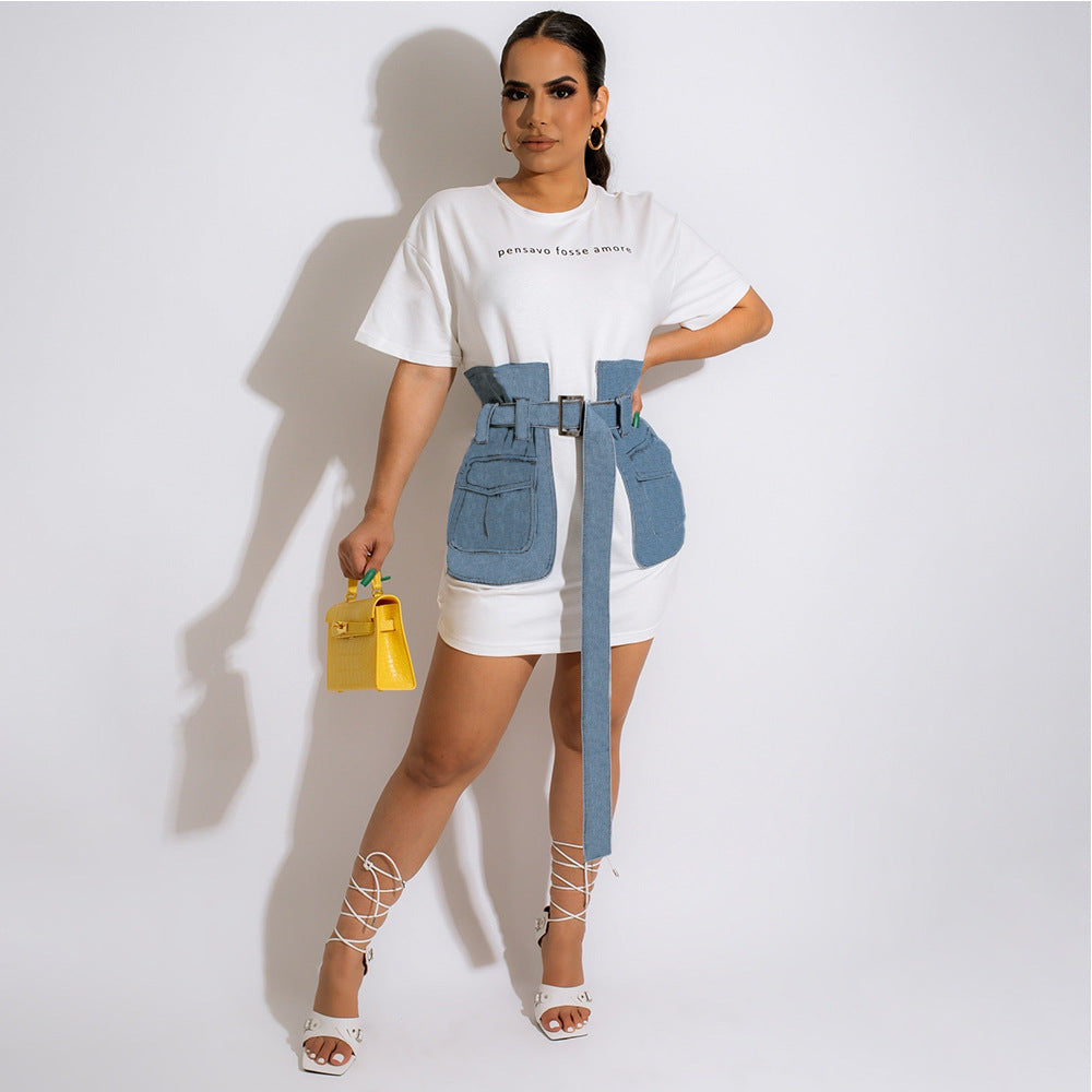 Sexy Denim Patchwork Short Sleeve Belted Mini Dress