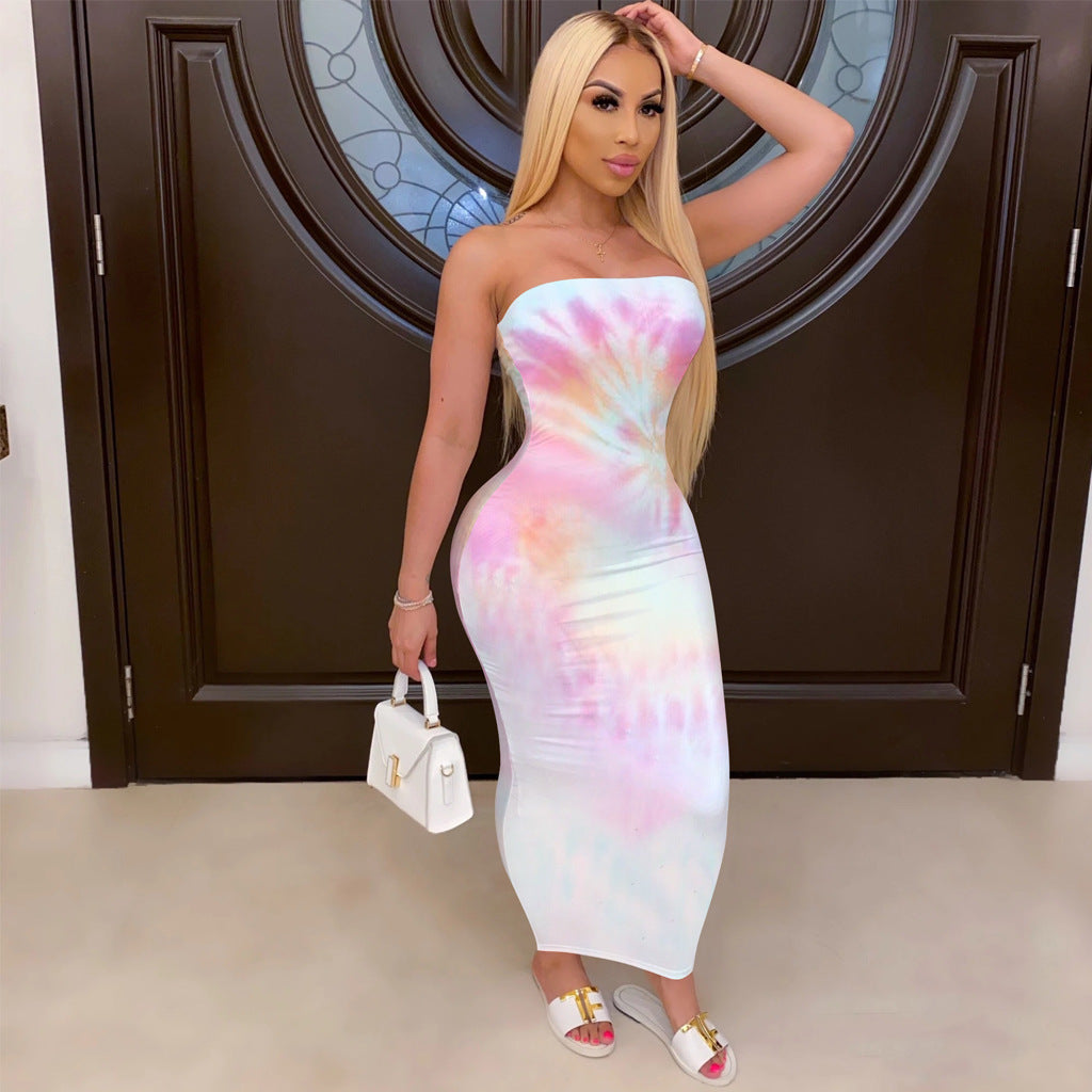 Sexy Tie Dye Print Strapless Off Shoulder Maxi Dress