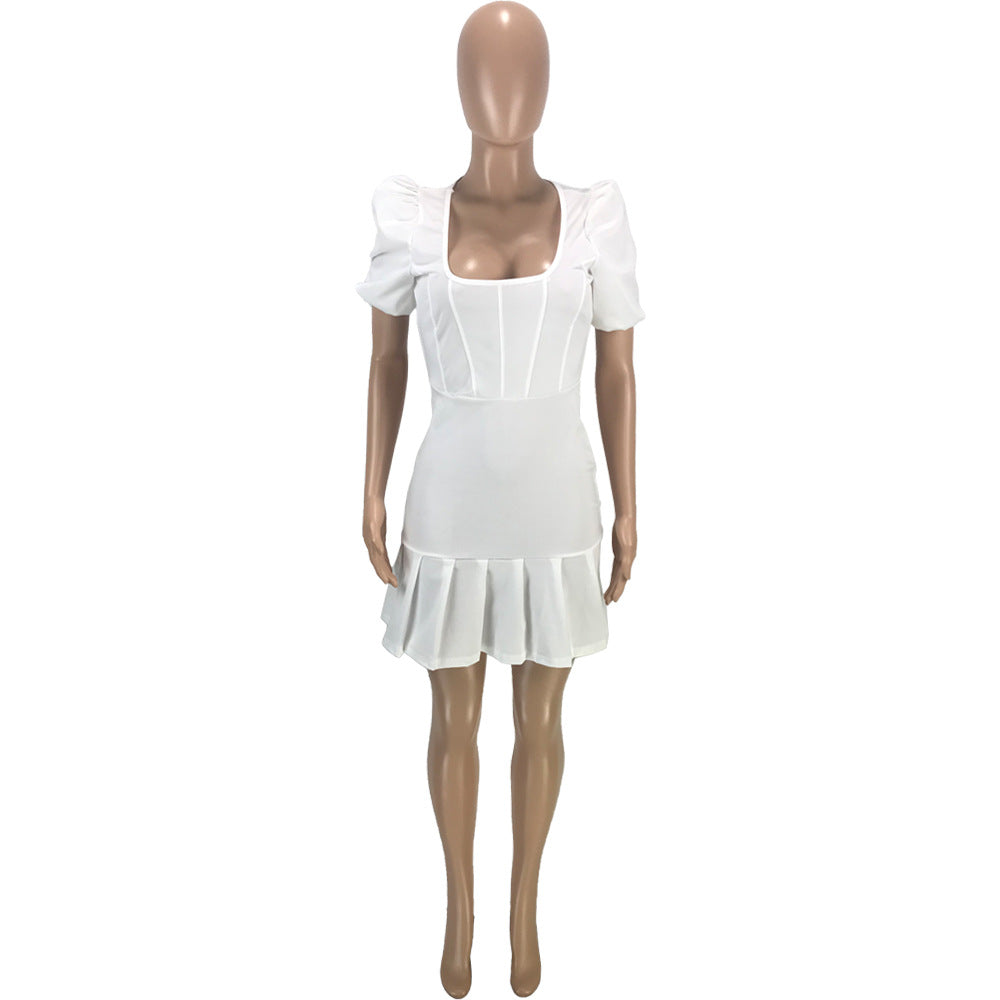 Sexy Solid Puff Sleeve Pleated Mini Dress
