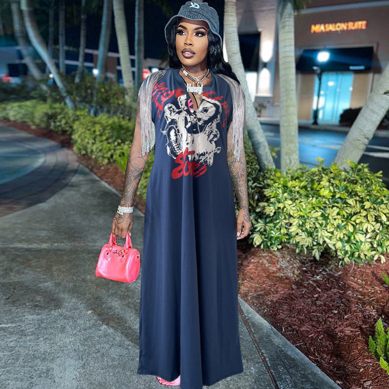Sexy Casual Printed Tassel Sleeveless Pocket Maxi Dress