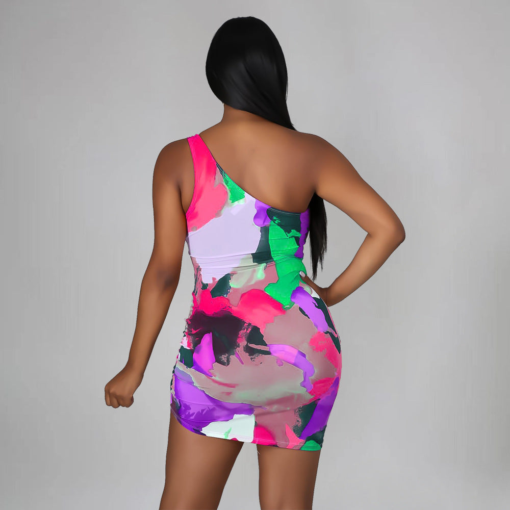 Sexy Sexy Printed One Shoulder Drawstring Hollow Mini Dress