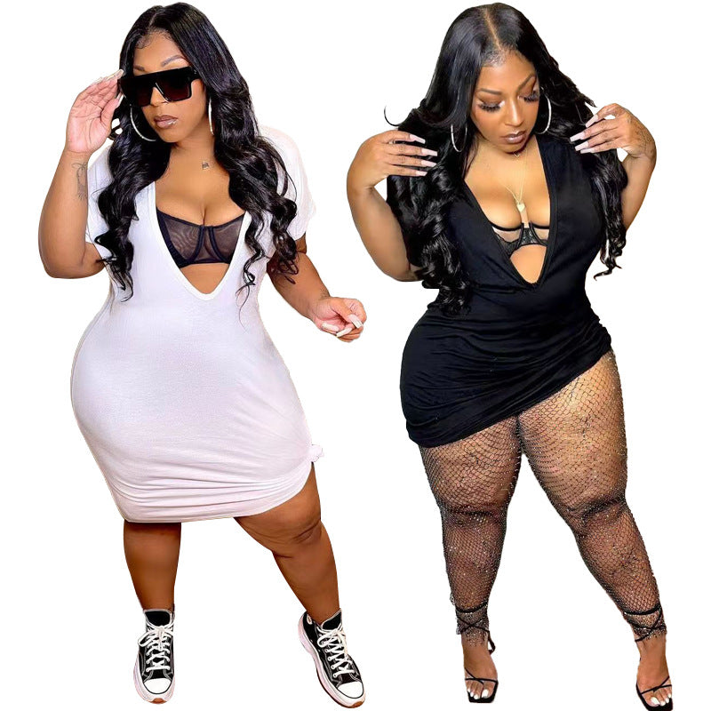 Sexy Plus Size Solid Deep V Neck Short Sleeve Dress