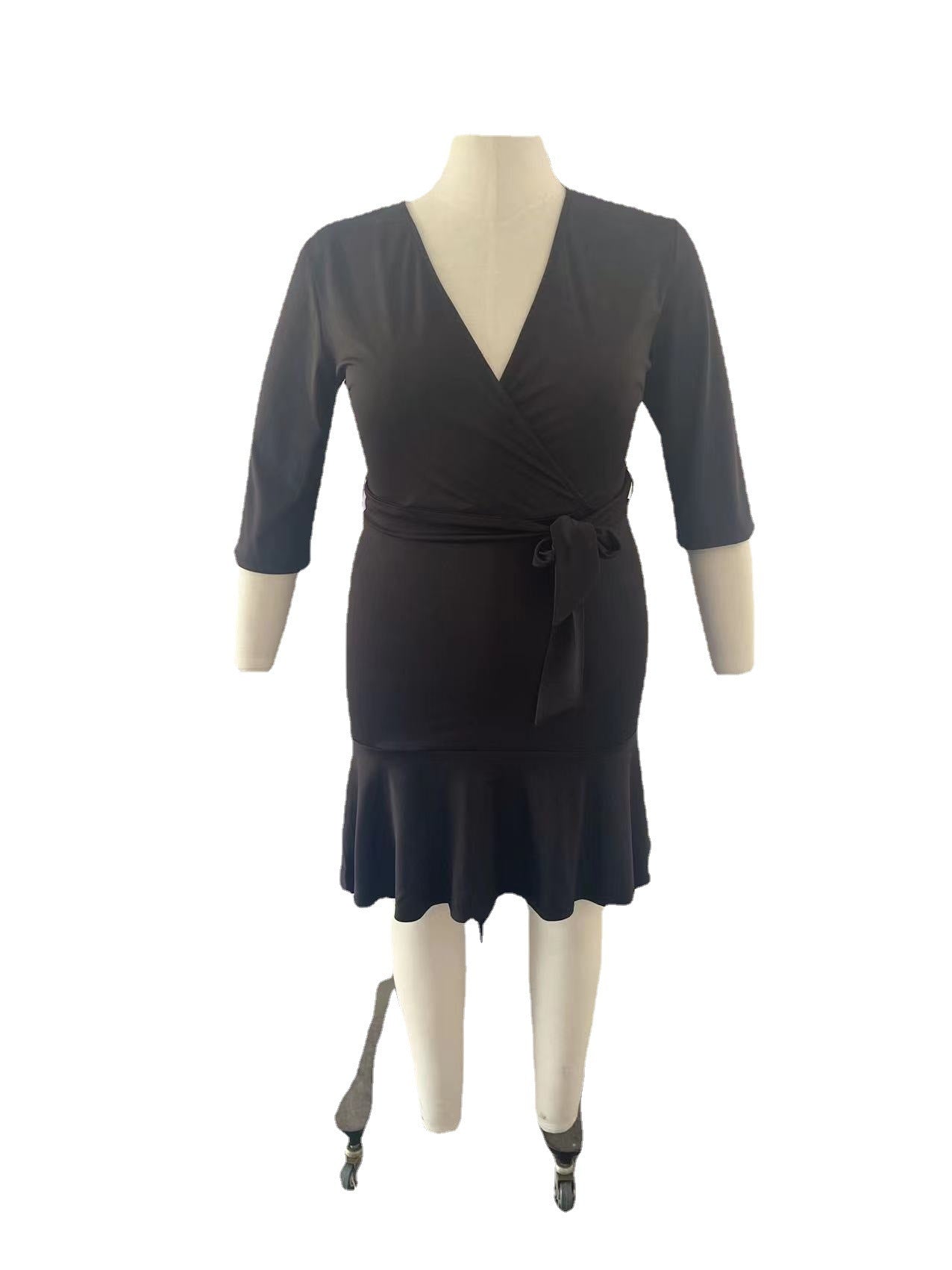 Sexy Plus Size 3/4 Sleeve Deep V Ruffle Dress
