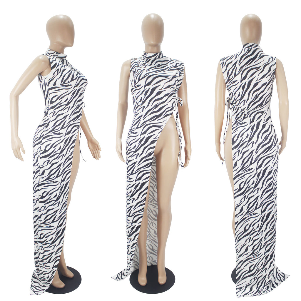 Sexy Zebra Stripe Sleveless High Split Maxi Dress