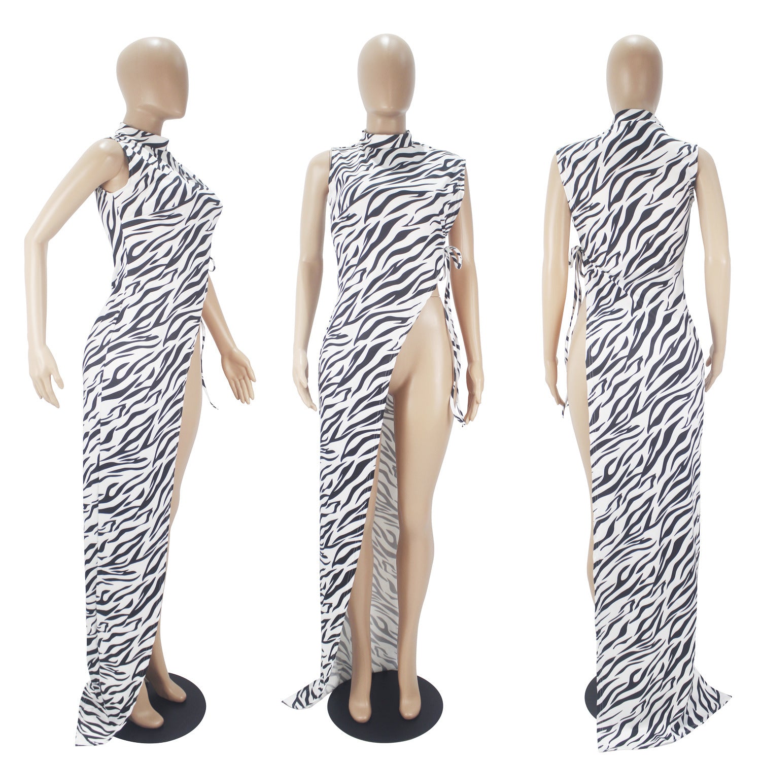 Sexy Zebra Stripe Sleveless High Split Maxi Dress