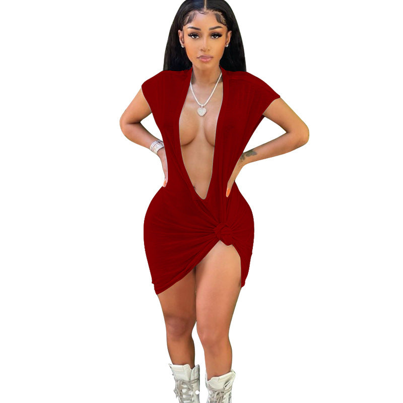 Sexy Solid Color Sexy Deep V Neck Dress