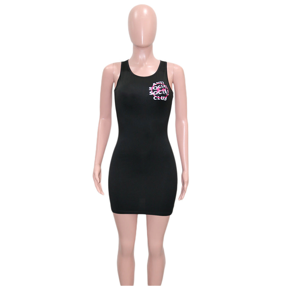 Sexy Letter Print Sleeveless Slim Mini Dress