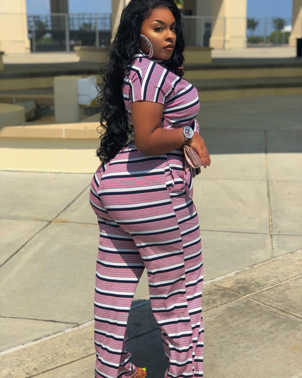 Sexy Plus Size Casual Striped Tie-Up 2 Piece Pants Set