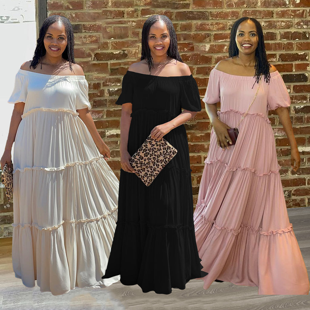 Sexy Plus Size Solid Slash Neck High Waist Maxi Dress
