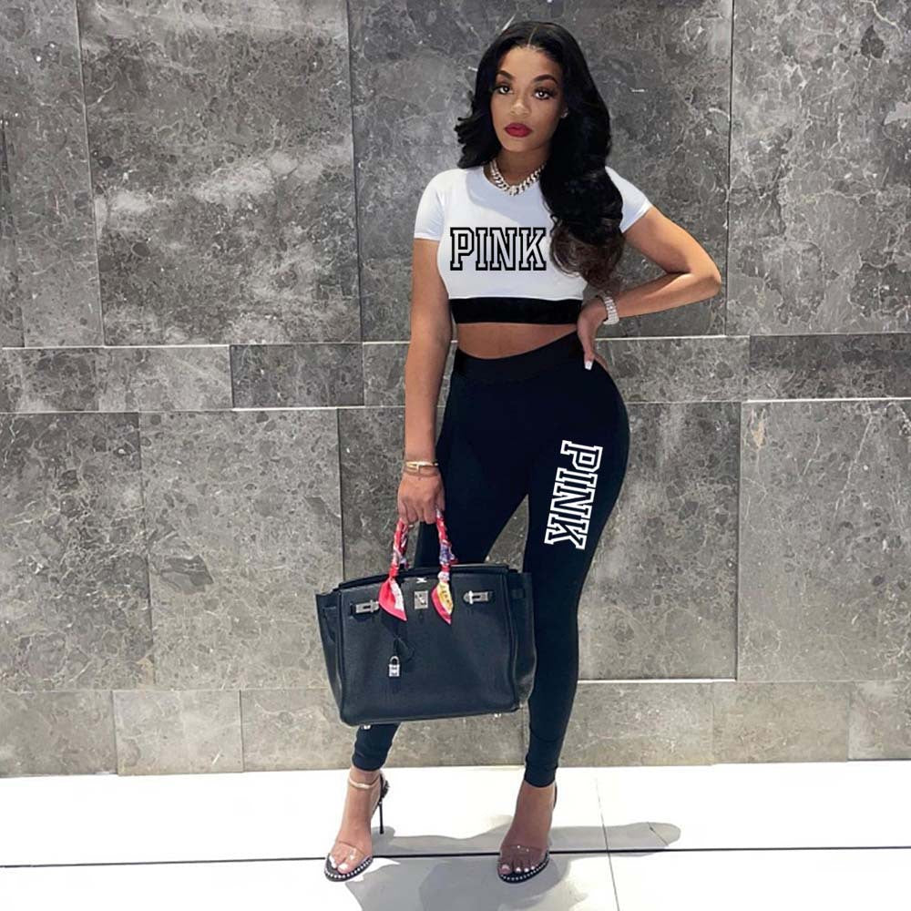 Sexy PINK Letter Print Color Blocking Two Piece Pants Set