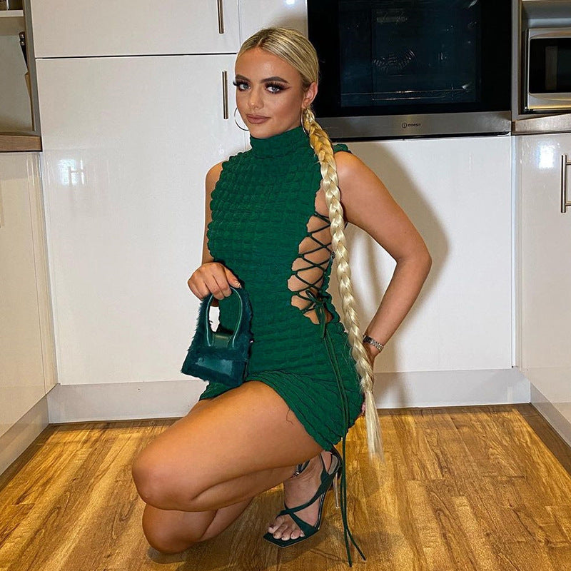 Sexy Solid Sleeveless Lace-Up Hollow Out Mini Dress