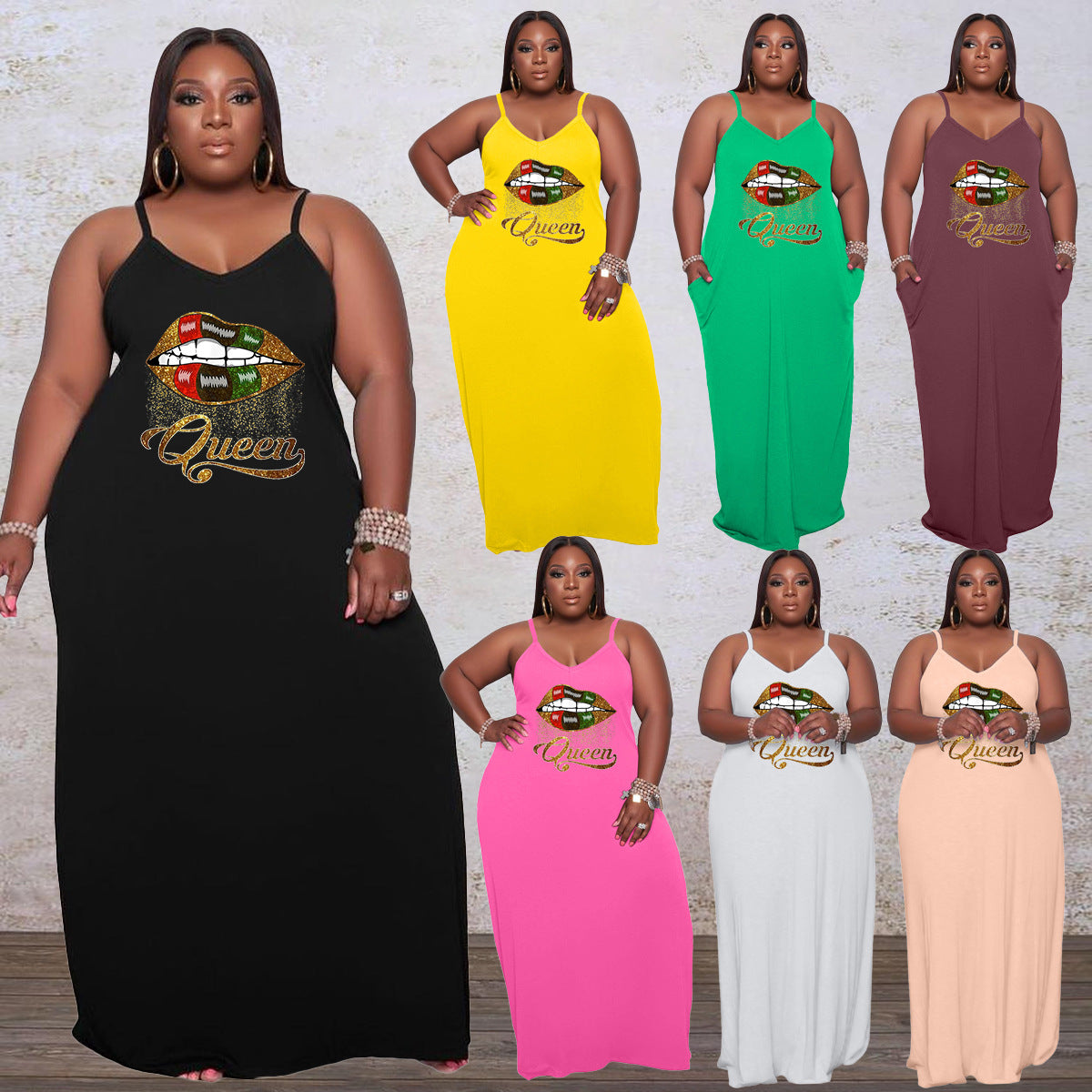 Sexy Plus Size Lip Print Strap Loose Maxi Dress
