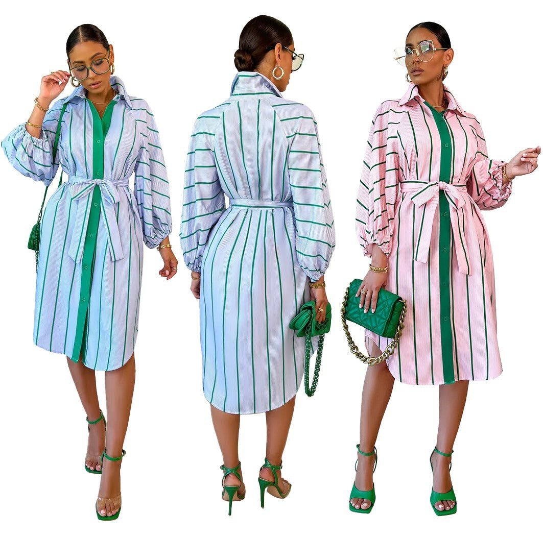 Sexy Casual Striped Long Sleeeve Sashes Midi Dress
