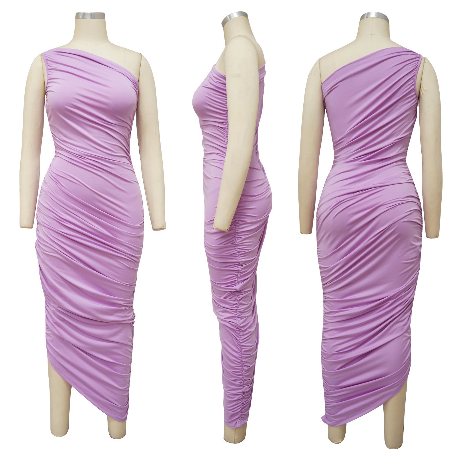 Sexy Sexy Solid Color Sloping Shoulder Ruched Slim Dress