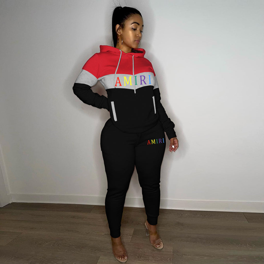 Sexy Contrast Color Splicing Hooded Sweatshirt Two Piece Pant Set