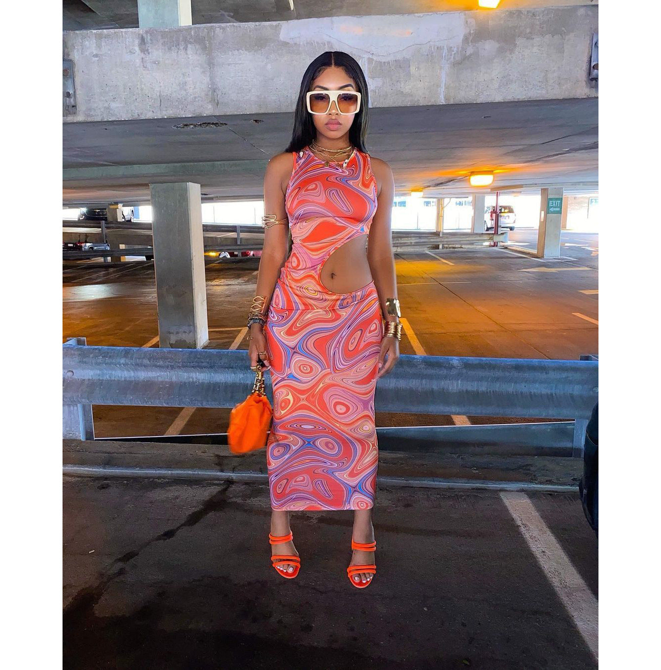 Sexy Sexy Printed Hollow Out Sleeveless Maxi Dress