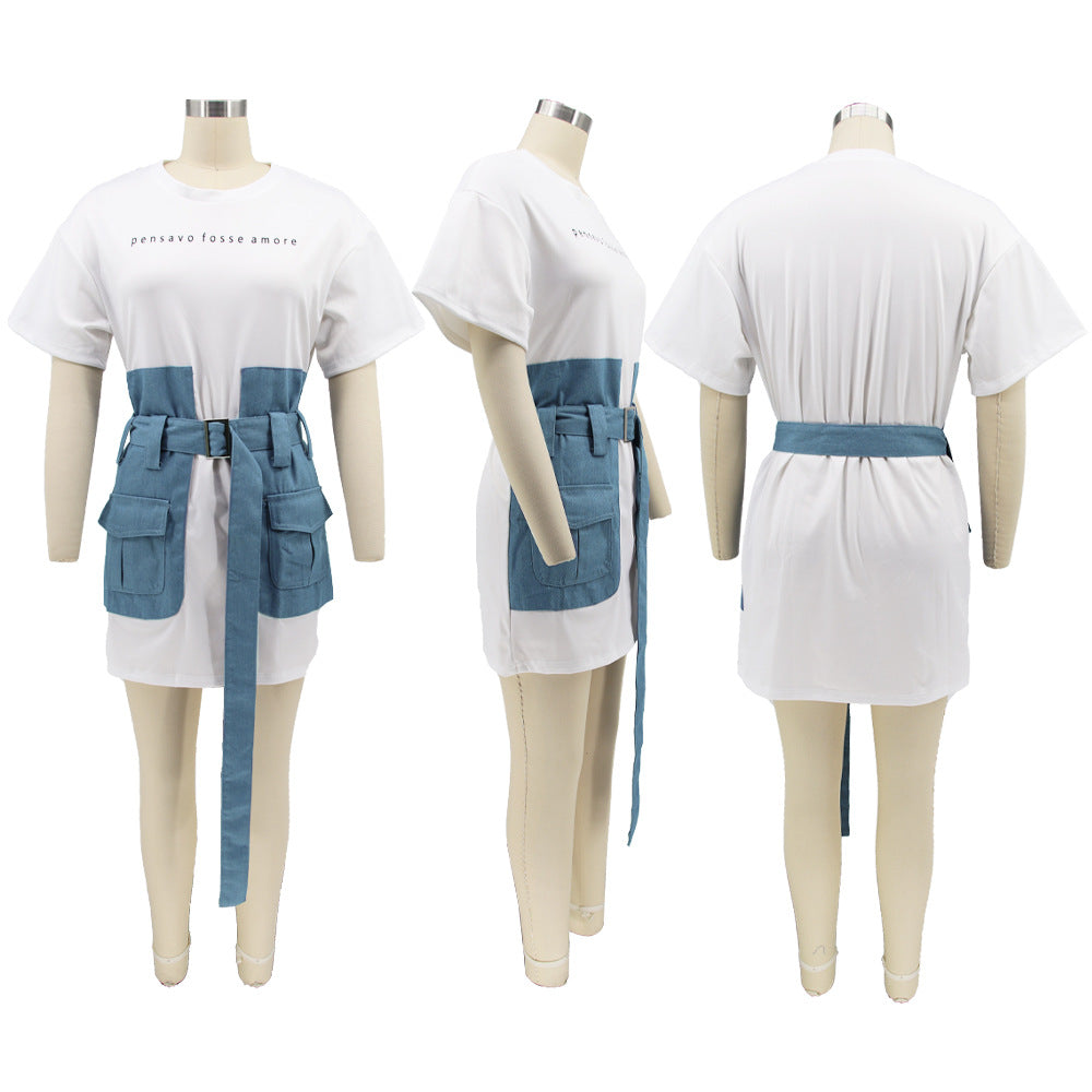Sexy Denim Patchwork Short Sleeve Belted Mini Dress