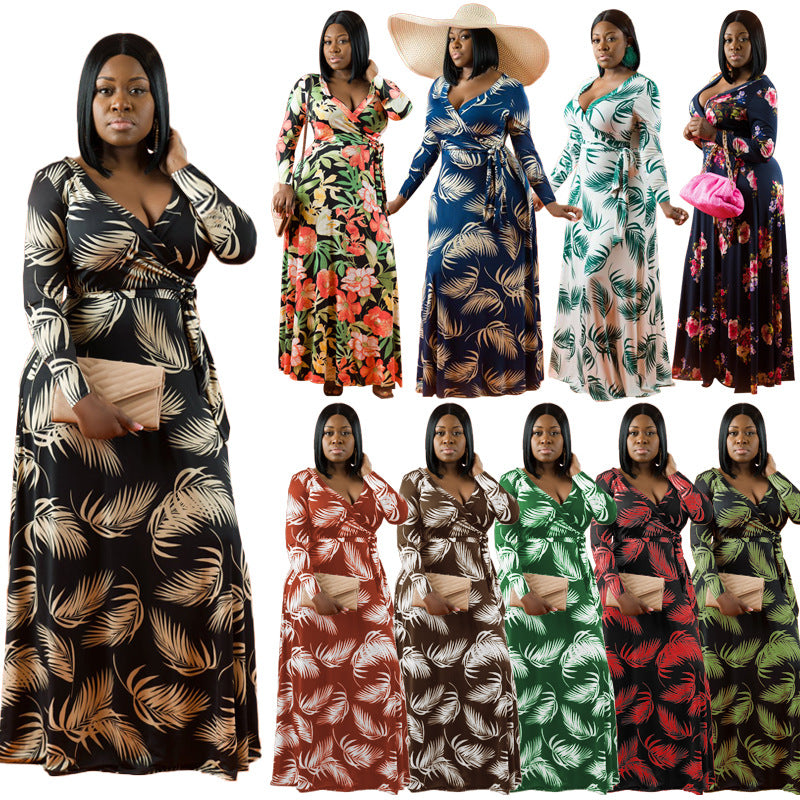 Sexy Plus Size Floral Print V Neck Long Sleeve Maxi Dress