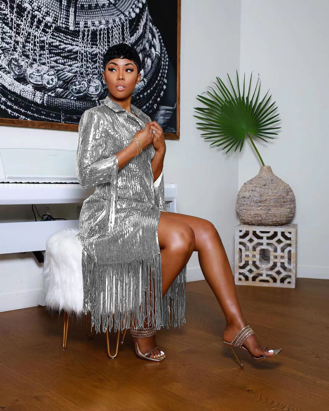 Sexy Shiny Sequins Tassel Long Sleeve Midi Dress