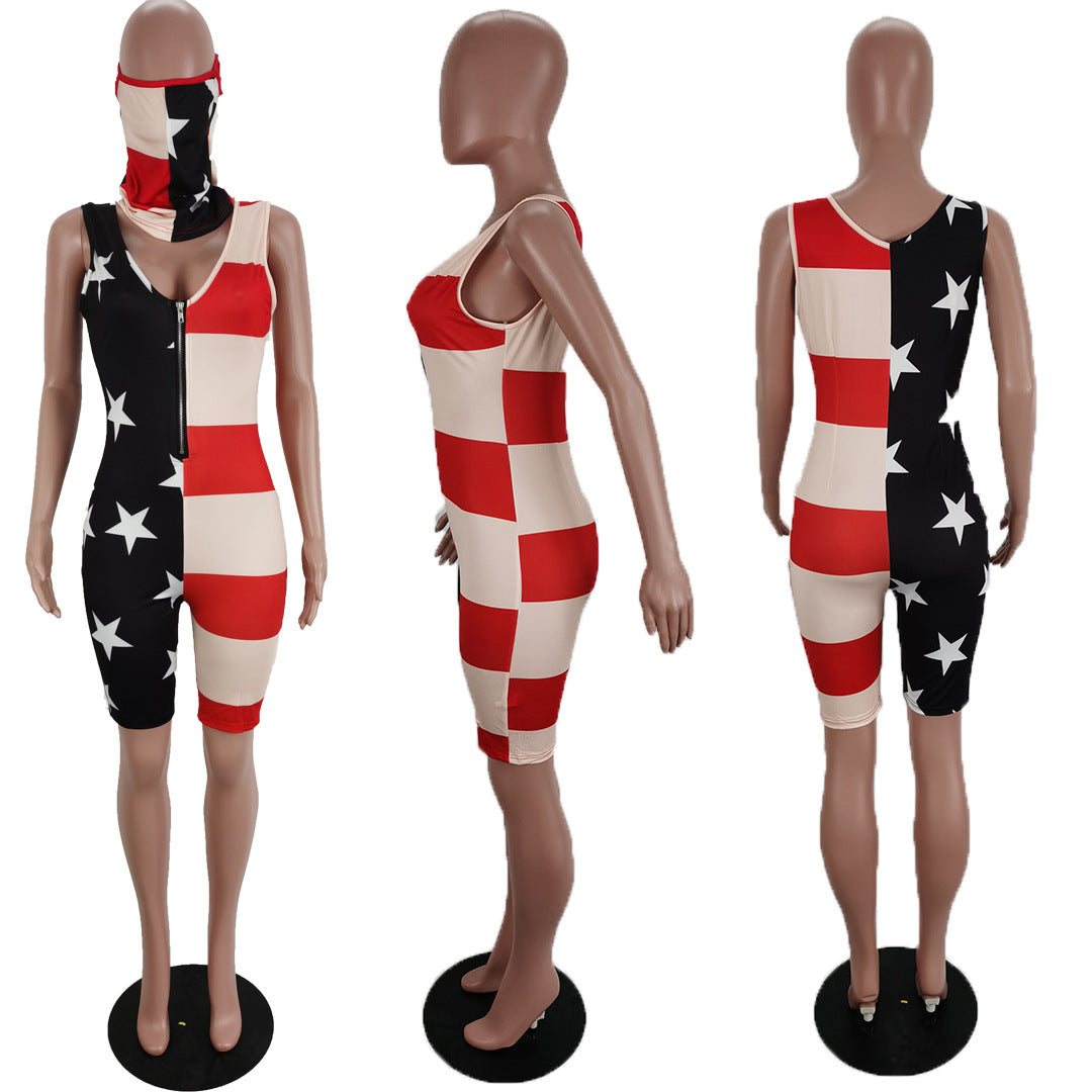 Sexy Casual Printed Sleeveless Romper With Mask