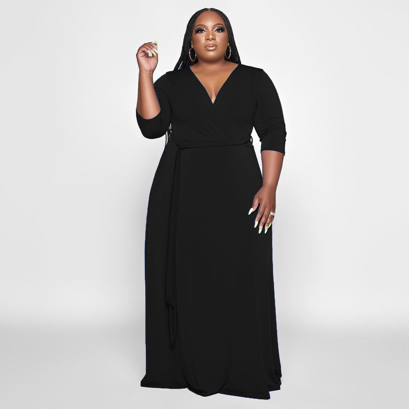 Sexy Plus Size Solid V Neck Sashes Maxi Dress