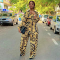 Sexy Long Sleeve Print Loose Shirt And Wide Leg Pant 2 Piece Set