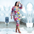 Sexy Plus Size Print Long Sleeve Deep V Slim Midi Dress